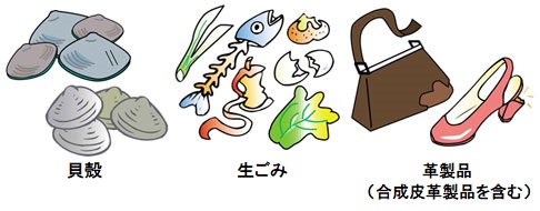 イラスト：左から貝殻、生ごみ、革製品（合成皮革製品を含む）