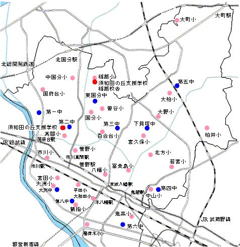 イラスト：北部地区の地図に各学校の場所を示しています北部地域にある学校は市川小、真間小、中山小、八幡小、国分小、大柏小、宮田小、冨貴島小、若宮小、国府台小、平田小、鬼高小、菅野小、稲荷木小、鶴指小、宮久保小、二俣小、中国分小、曽谷小、大町小、北方小、百合台小、柏井小、大洲小、大野小、稲越小、大和田小、第一中、第二中、第三中、第四中、第五中、第六中、第八中、下貝塚中、東国分中、大洲中、須和田の丘支援学校、須和田の丘支援学校稲越校舎