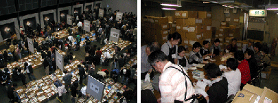 写真左：リサイクルブック市のようす　大勢の人が参加してにぎわっています。写真右は市川図書館友の会会員が準備作業をしています。
