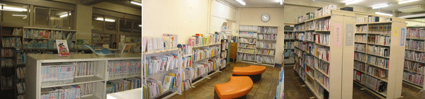 写真:信篤図書館児童書架、絵本架、一般書架