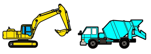 イラスト:バックホウ、コンクリートミキサー車