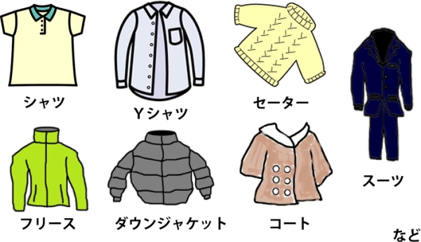 イラスト：左上からシャツ、Yシャツ、セーター、スーツ、フリース、ダウンジャケット、コート