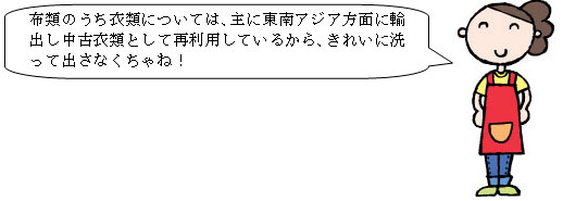 イラスト：衣類については、主に東南アジア方面に輸出し中古衣類として再利用しているから、きれいに洗って出さなくちゃね！