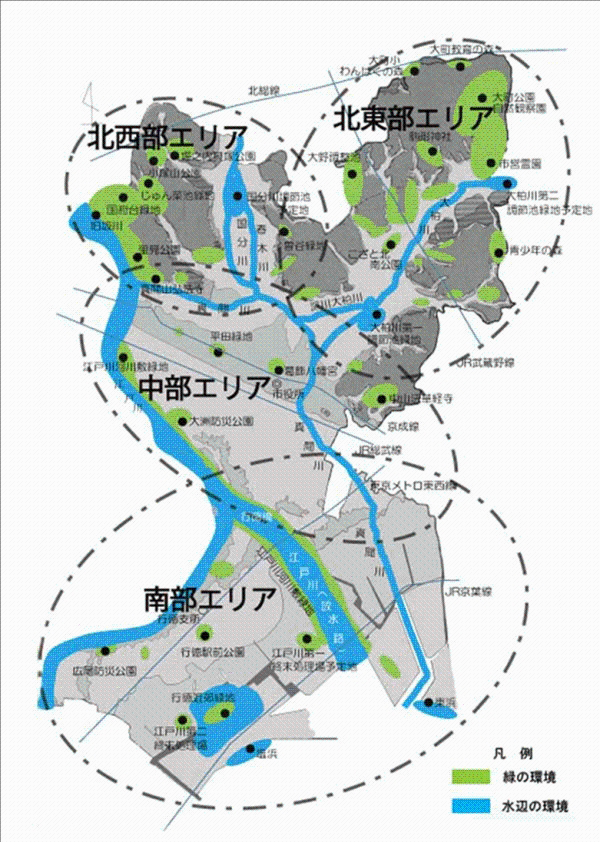 市川市内のエリア区分図