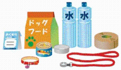 イラスト：5日分以上のフードと水、薬、療法食、食器、予備の首輪、リード（伸びないタイプ）、ガムテープ（ケージ補修などの用途）