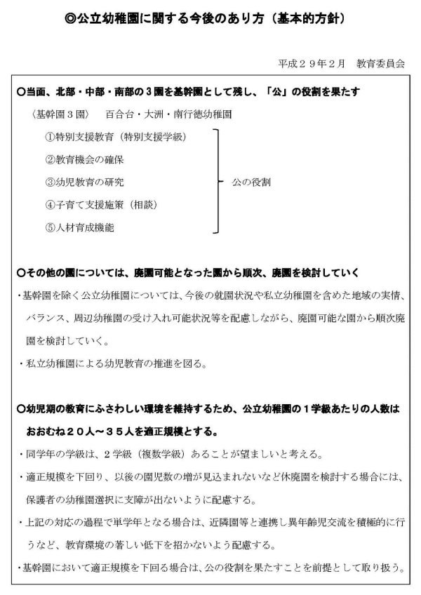 平成29年2月教育委員会　公立幼稚園に関する今後のあり方（答申の概要：基本的方針）