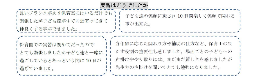 実習はどうでしたか？長いブランクがあり保育室にはいるだけでも緊張したが子ども達がすぐに近寄ってきて仲良くする事ができました。子ども達の笑顔に癒され10日間楽しく笑顔で関わる事が出来た。保育園での実習は初めてだったのでとても緊張しましたが子ども達と一緒に過ごしているとあっという間に10日が過ぎていました。各年齢に応じた関わり方や補助の仕方など、保育士の果たす役割の重要性も感じました。場面ごとの子どもへの声掛けややり取りには、まだまだ難しさを感じましたが先生方の声掛けを聞いてとても勉強になりました。