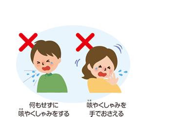 ×何もせずに咳(せき)やくしゃみをする ×咳(せき)やくしゃみを手でおさえる
