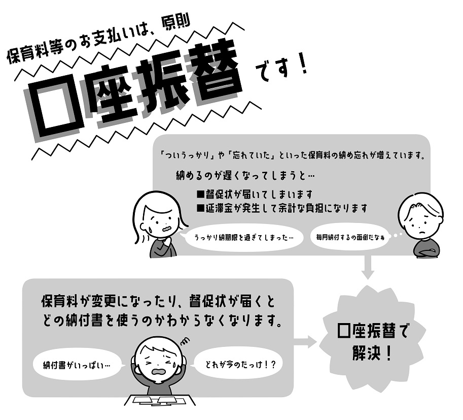 イラスト：保育料、公立保育園給食費（副食費）のお支払いは、原則口座振替です。