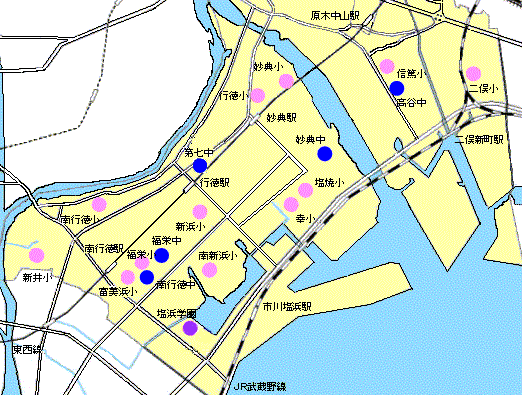 イラスト：南部地区の地図に各学校の場所を示しています南部地域にある学校は行徳小、信篤小、南行徳小、新浜小、富美浜小、幸小、新井小、南新浜小、塩焼小、福栄小、妙典小、第七中、高谷中、福栄中、南行徳中、妙典中、塩浜学園になります
