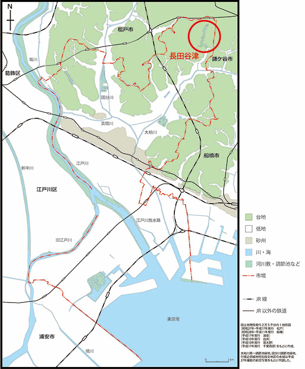 市川市の地図で長田谷津の場所を示した図