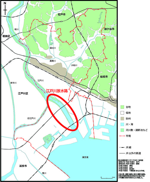 市川市の地図で江戸川放水路の場所を示した図