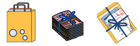 イラスト:左から紙袋に入れて出す、雑誌の間に挟んで束ねてひもで十文字に縛って出す、雑がみだけで束ねてひもで十文字に縛って出す