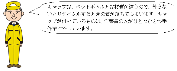 キャップは、ペットボトルとは材質が違うので、外さないとリサイクルするときの質が落ちてしまいます。キャップが付いているものは、作業員の人がひとつひとつ手作業で外しています。