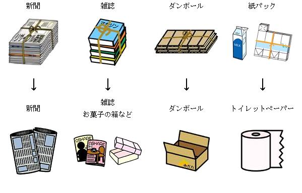 紙類リサイクルのイラスト：新聞は新しい新聞へ、雑誌は新しい雑誌やお菓子の箱へ、ダンボールは新しいダンボールへ、紙パックはトイレットペーパーにリサイクルされています。
