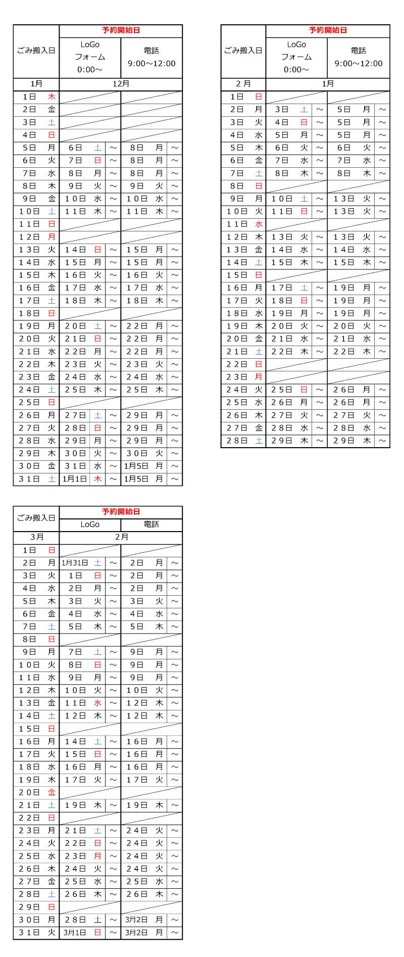 令和８年１月から令和８年３月の間にごみを持ち込む際の予約開始日を記したカレンダーです。予約は持ち込み日の３０日前から可能です。