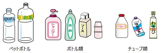 イラスト：左からペットボトル、ボトル類、チューブ類