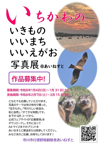 いちかわのいきものいいまちいいえがお写真展ポスター クリックするとポスターと応募要項が別ウィンドウで立ち上がります。