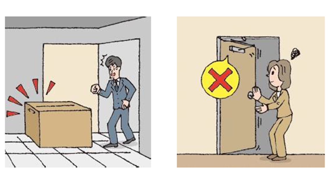 イラスト：左 戸等に閉鎖障害がある 右 自動閉鎖装置が破損している戸