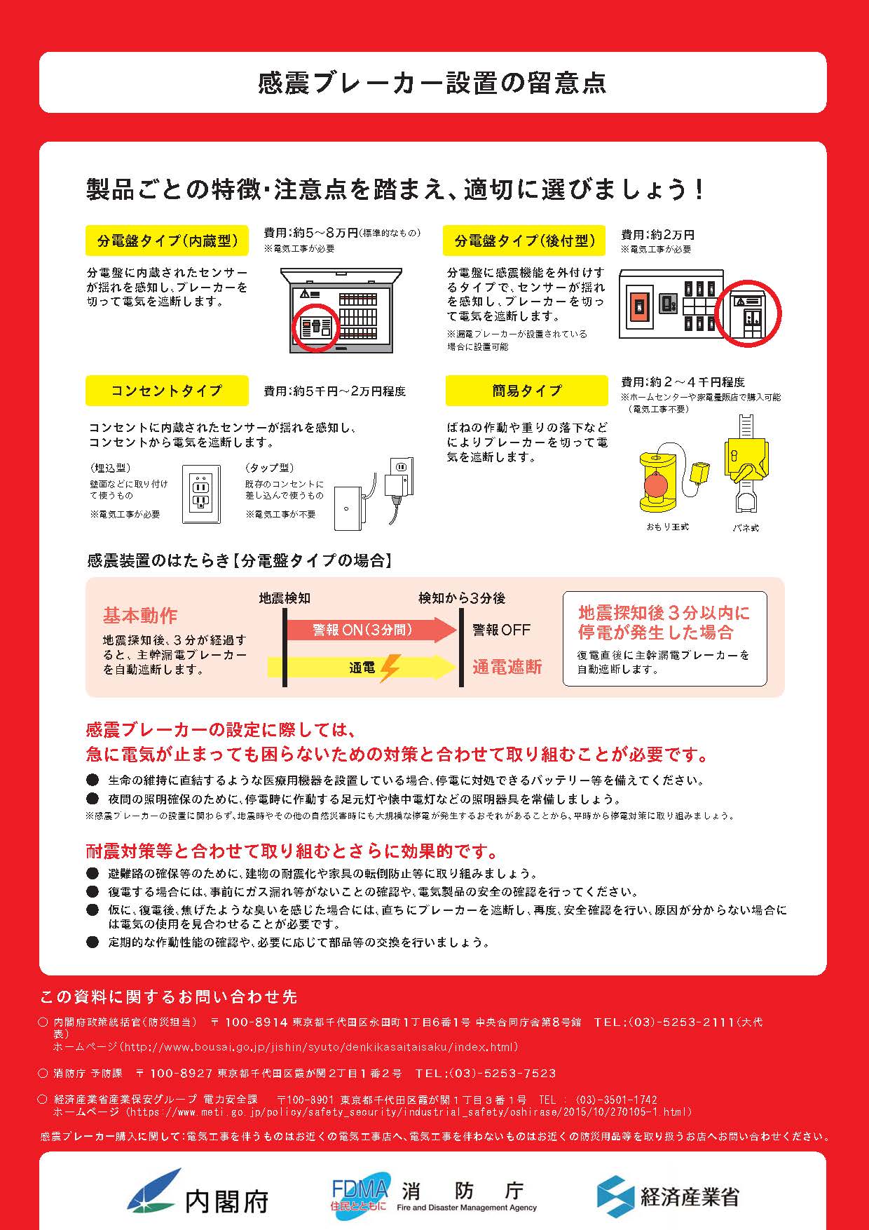 イラスト:2ページ目 感震ブレーカは、分電盤タイプ、コンセントタイプ、簡易タイプの種類があります