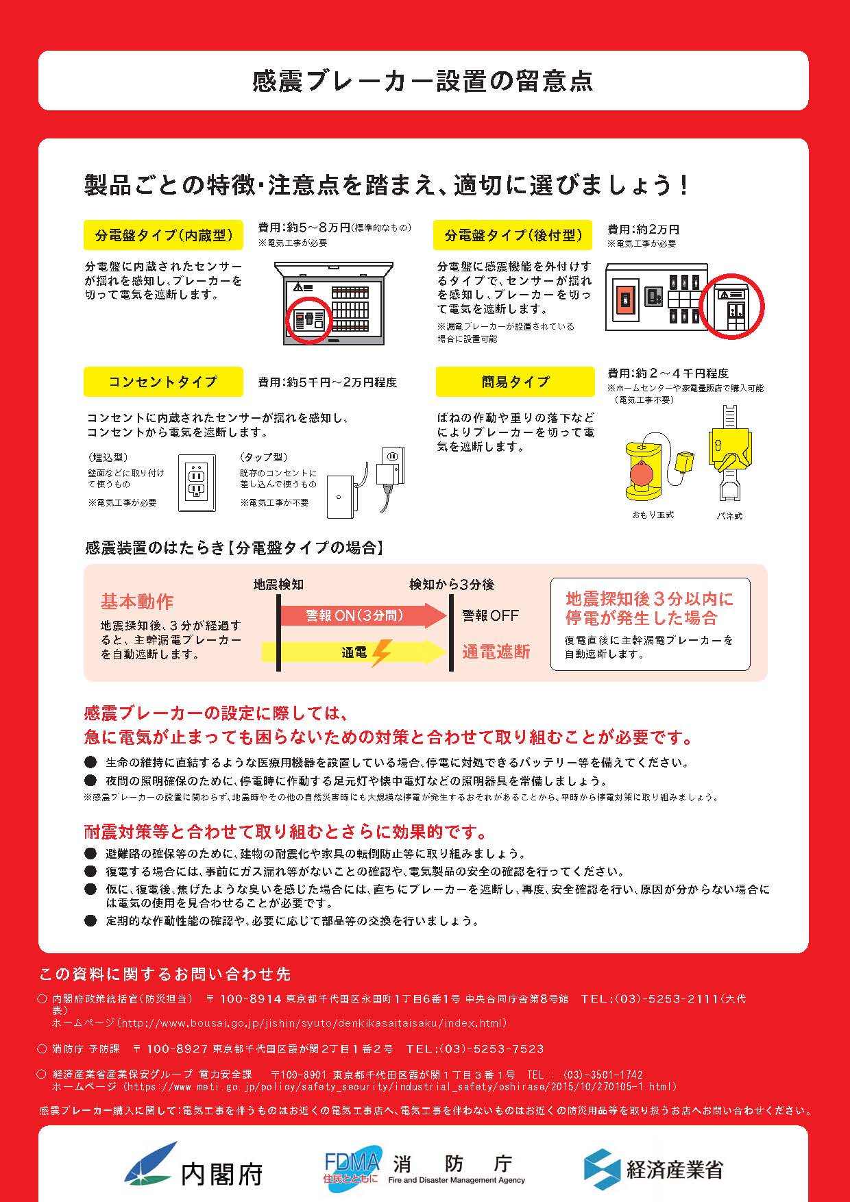 イラスト：2ページ目　感震ブレーカは、分電盤タイプ、コンセントタイプ、簡易タイプの種類があります