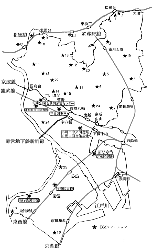 地図：自動車図書館ステーションマップ