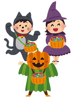 イラスト:ハロウィンの仮装をしたお菓子を持っている3人の子供 イラスト:ハロウィンの仮装をしたお菓子を持っている3人の子供