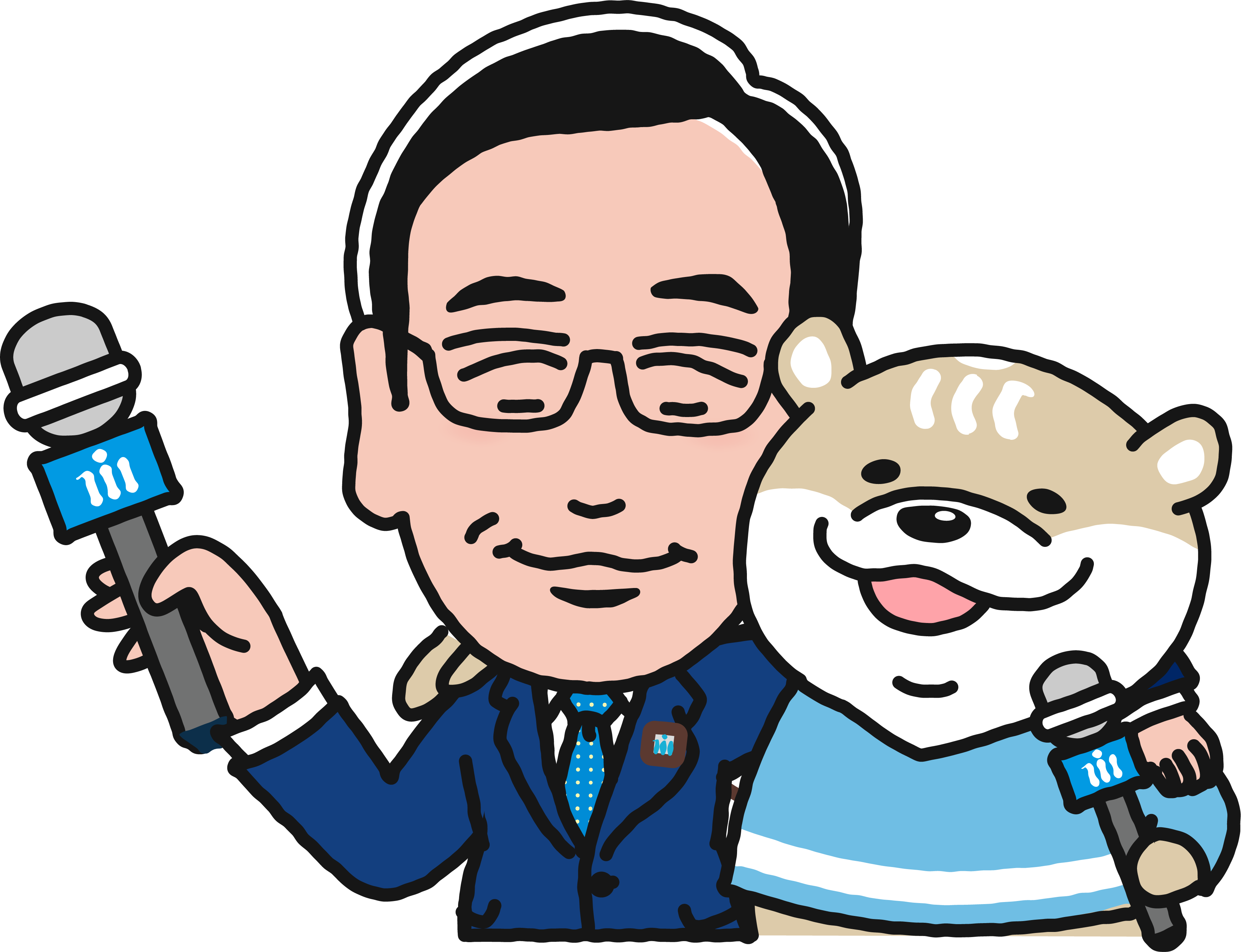 市川市のかわうそのキャラクターと肩を組みお話を聞く田中市長のイラスト