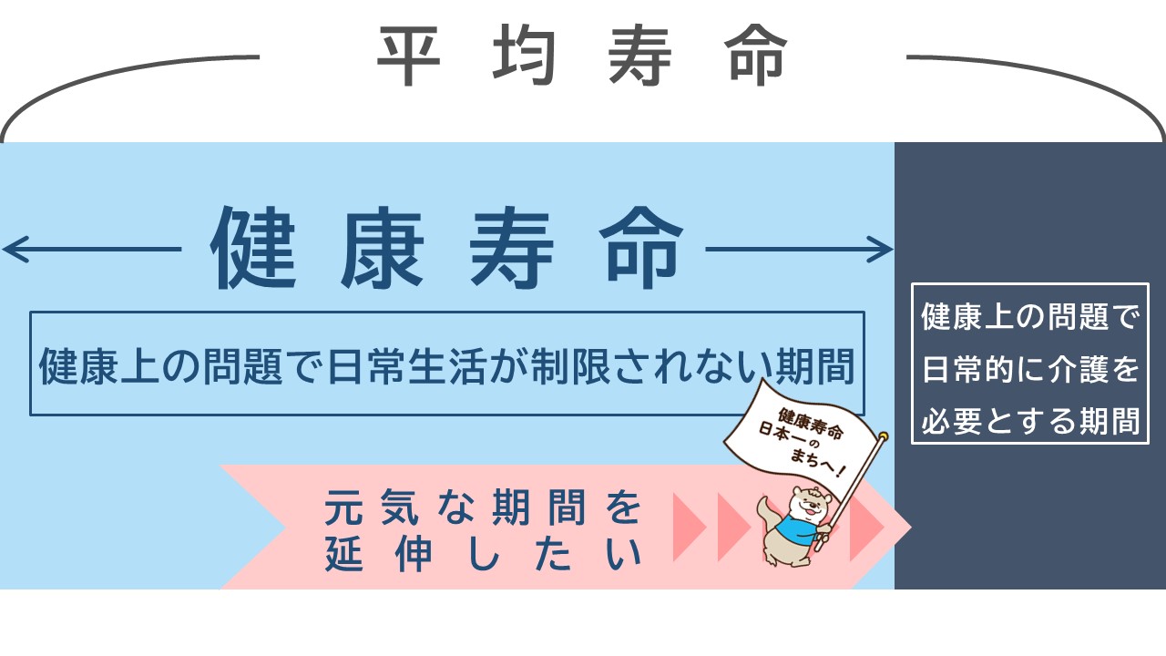 平均寿命と健康寿命の差について簡単なイメージを図示しており、詳細な内容を図解する画像へリンクするバナーを表示しています。