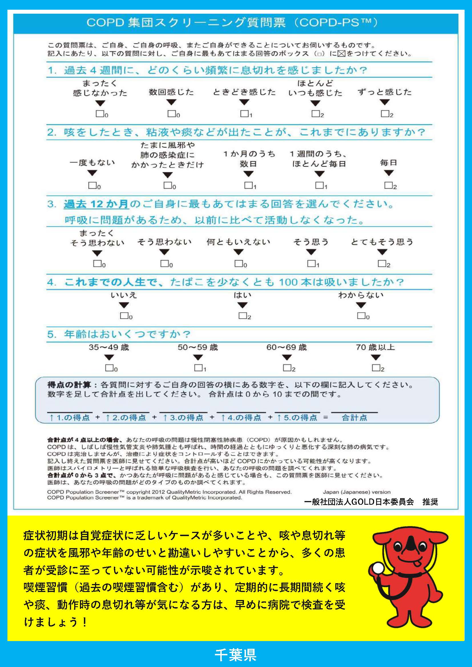 COPD集団スクリーニング質問票。1.過去4週間にどのくらい頻繁に息切れを感じましたか。全く感じなかった0点、数回感じた0点、ときどき感じた1点、ほとんどいつも感じた2点、ずっと感じた2点。2.咳をしたとき、粘液や痰などが出たことがこれまでにありますか。一度もない0点、たまに風邪や肺の感染症にかかったときだけ0点、1か月のうち数日1点、1週間のうちほとんど毎日1点、毎日2点。3.過去12か月のご自身に最も当てはまる回答を選んでください。呼吸に問題があるため、以前に比べて活動しなくなった。まったくそう思わない0点、そう思わない0点、何ともいえない0点、そう思う1点、とてもそう思う2点。4.これまでの人生で、たばこを少なくとも100本は吸いましたか。いいえ0点、はい2点、わからない0点。5.年齢はおいくつですか。35~49歳0点、50~59歳1点、60~69歳2点、70歳以上2点。合計点が4点以上の場合、慢性閉塞性肺疾患(COPD)の可能性があります。