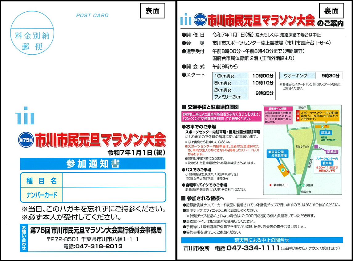 第75回市川市民元旦マラソン大会にご参加される皆様へお送りする葉書のサンプルです