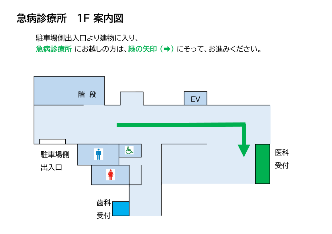 急病診療所案内図。駐車場側入り口から入り、エレベーターを越えて右に曲がると受付があります。