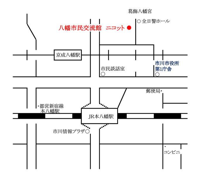 「市川市八幡市民交流館」所在地図