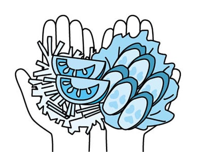 イラスト:350グラムの生野菜は両手で3杯分