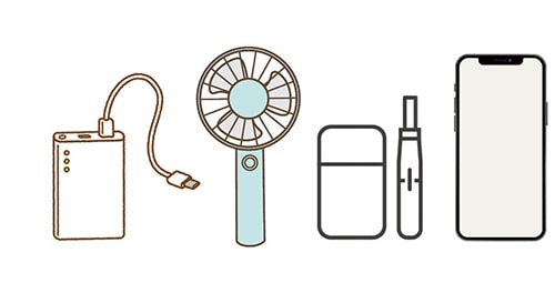 イラスト：モバイルバッテリー、ハンディ扇風機、スマートフォン、電子たばこ