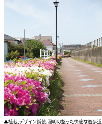 植栽、デザイン舗装、照明の整った快適な遊歩道