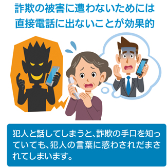 詐欺の被害に遭わないためには直接電話に出ないことが効果的
犯人と話してしまうと、詐欺の手口を知っていても、犯人の言葉に惑わされだまされてしまいます。