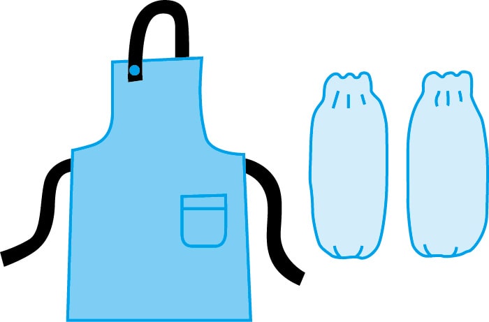 イラスト：エプロンやアームカバーは、防炎製品を着用しましょう