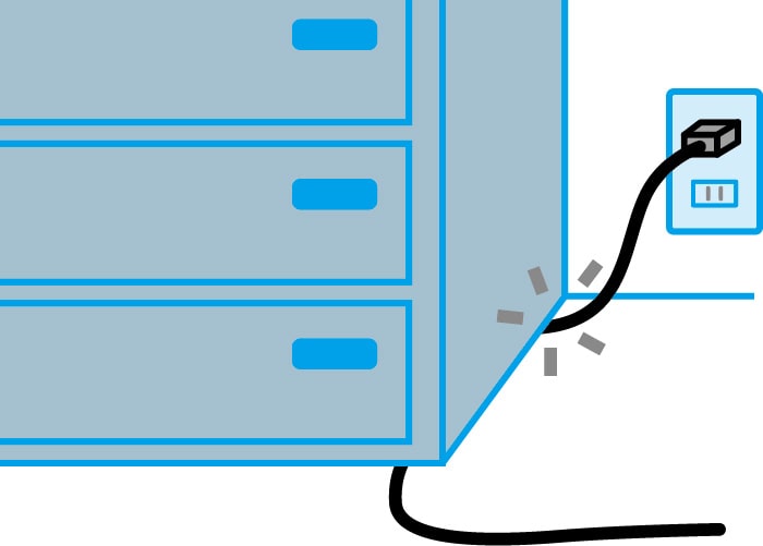 イラスト：電気コードが家具などの下敷きになり断線しないようにする