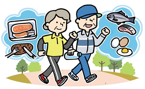 イラスト：たんぱく質を意識して、健康な体をつくろう