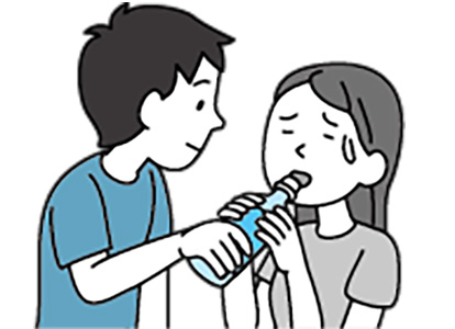 イラスト：スポーツドリンクなどを補給させる（水分を自力で摂取できない場合は医療機関を受診しましょう
