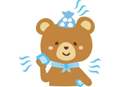 イラスト：保冷剤や氷、冷たいタオルなどで定期的に体を冷やす