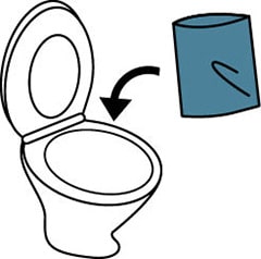 イラスト：便座を上げて、便器にポリ袋をしっかりとかぶせる。