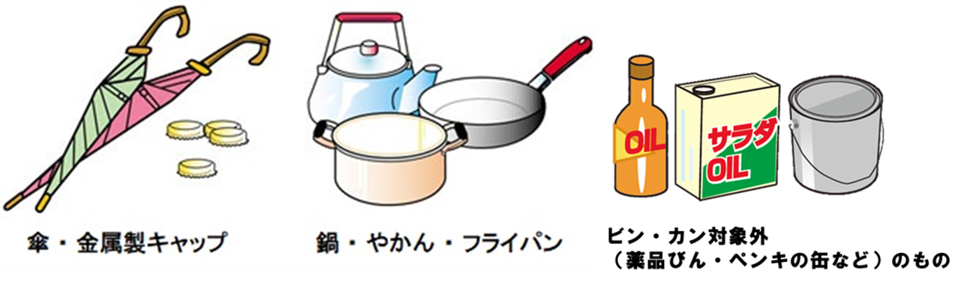 イラスト：左から傘・金属製キャップ、鍋・やかん・フライパン、ビンカン対象外のもの（薬品びん・ペンキの缶） 