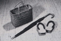 愛用していた買物カゴ・こうもり傘・下駄の画像