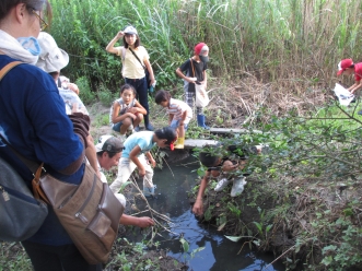 カニを探してはしゃぐこどもたちの画像