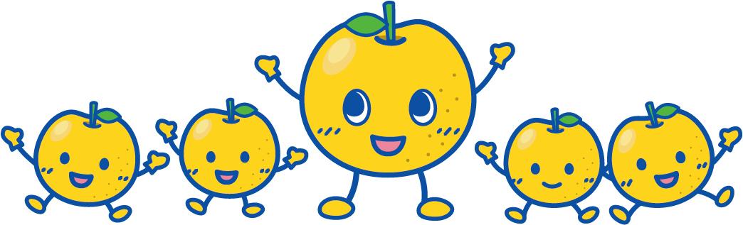梨のキャラクターが笑顔で4体横に並んでいるイラスト