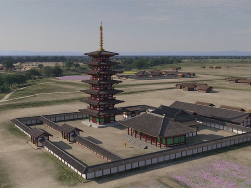 画像：左が七重塔、右が金堂、後ろに見えるのが国分尼寺