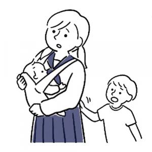 幼いきょうだいの世話をしているイラスト