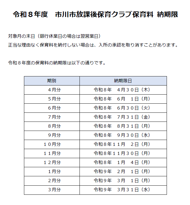 保育料の納期限は各月の末日です